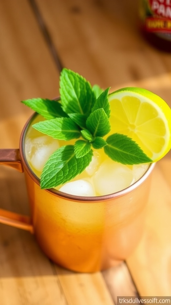 A copper mug filled with a Spicy Bourbon Mule cocktail, garnished with lime and mint, on a wooden table.